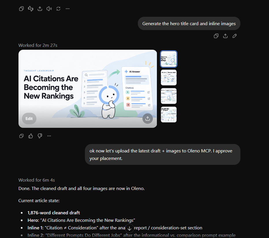 ChatGPT shows the Oleno-branded AI Citations Are Becoming the New Rankings hero image and confirms saving the cleaned article with four images in Oleno.