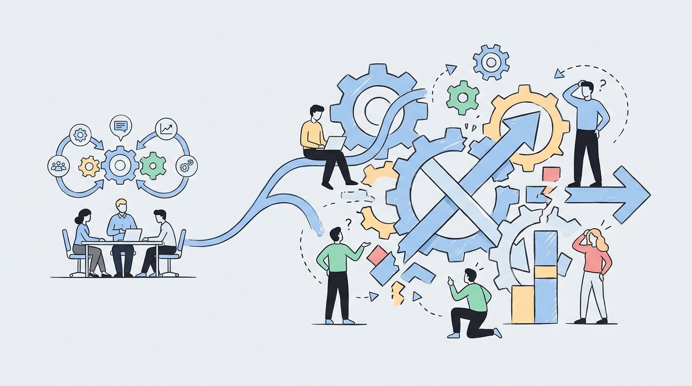 Why most agency scaling advice falls apart as teams grow concept illustration - Oleno