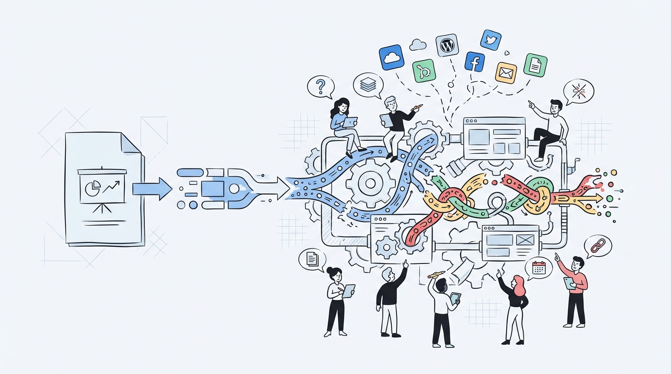 Why crafting a content strategy breaks once the team grows concept illustration - Oleno