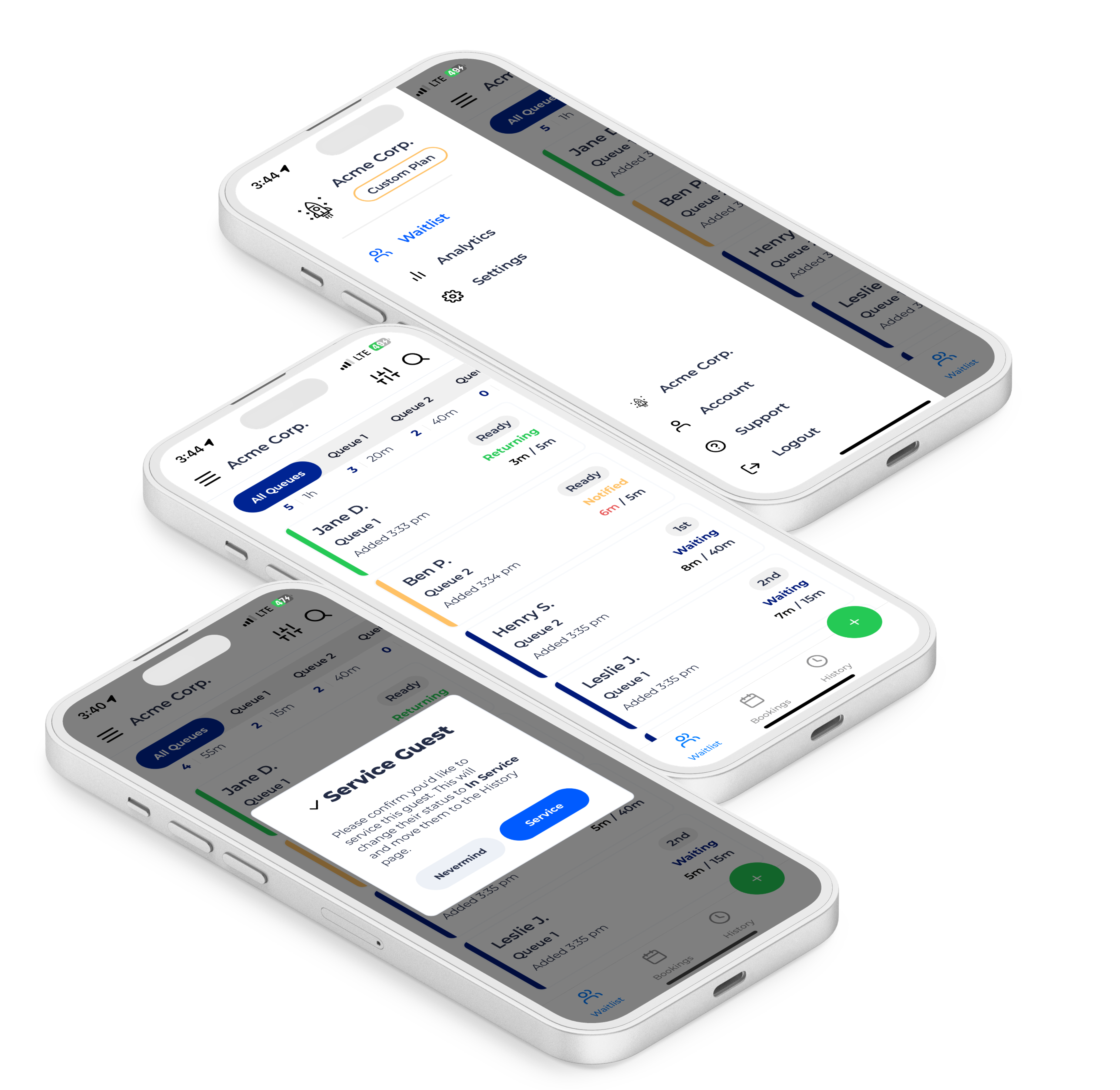 Live waitlist management for guest flow. Configurable queues, custom intake fields, estimated wait times, and analytics across service models and event environments.